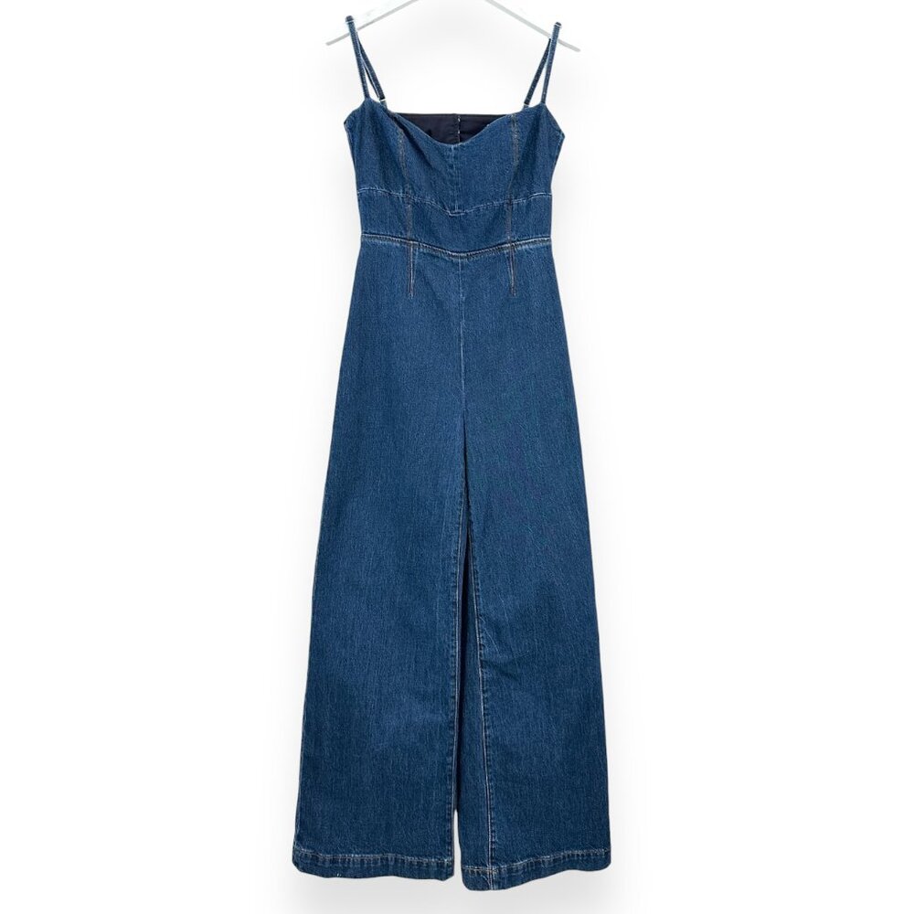 Reformation Medium Wash "Daphne" Super Wide Leg Blue Denim Jumpsuit sz 8